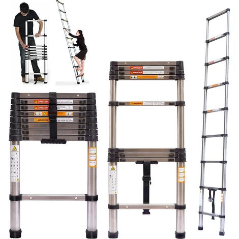 Telescopic Ladder 2.6M Multi-Purpose Stainless Steel Extendable Ladder with Anti-Slip Feet, En131 Sturdy Loft Ladder Collapsible Ladder for Attic Roof (1/5)