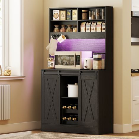 Buffet de cuisine haut de style rustique avec 2 placards, porte-bouteilles, prises de courant et éclairage LED, noir