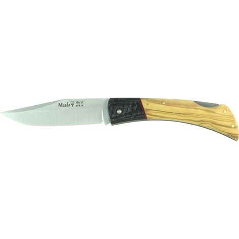 Couteau de poche Muela BT-9OL.M, avec gaine en cordura noir, manche en bois d'olivier naturel et lame en acier inoxydable Mova 1.4116 8,5 cm + Carte cadeau multi-usages.