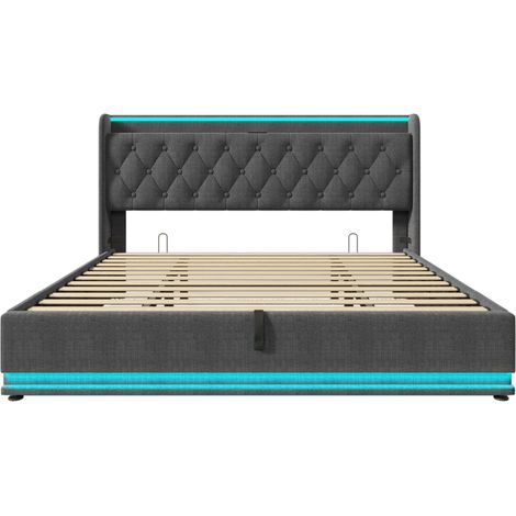 Letto imbottito 180x200 cm grigio in lino con LED, contenitore, USB Type-C, senza materasso (1/5)