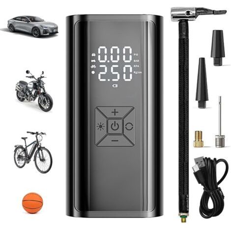 Compresseur à Air Portatif 4500mAh Gonfleur Pneus Voiture Electrique sans Fil avec Ecran LCD Mini Pompe Électrique Rechargeable Lampe LED pour Vélo Auto Moto Balle - (1/5)