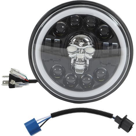 7-Zoll-Motorrad-LED-Scheinwerfer mit Engelsaugen, Totenkopf-Muster, weißes Licht, wasserdicht, universell einsetzbar (1/5)