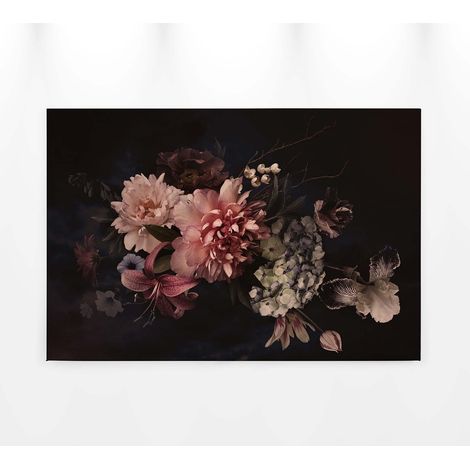 Tableau avec des fleurs moderne pour deco salon | Tableau style anglais motif fleurs colorées sur fond noir | Tableau sur toile couloir 0,9 x 0,6 m (1/5)
