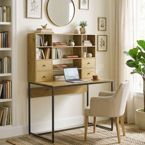 Bureau d'ordinateur avec 4 tiroirs et étagères, plateau de 105 cm, bois naturel (1/5)
