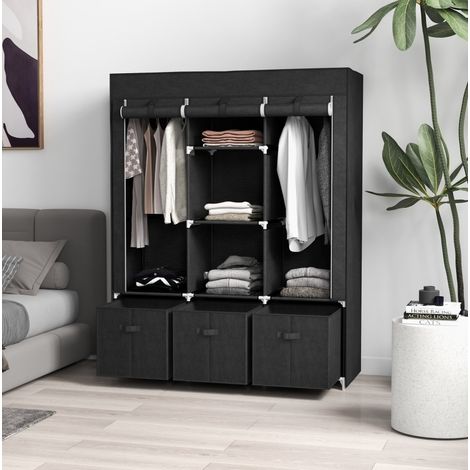 Armoire tissu noire avec 2 barres de penderie, 5 étagères ouvertes et 3 tiroirs, rangement gain de place pour chambre, salon ou cave, sans vis  CHICFURN (1/5)