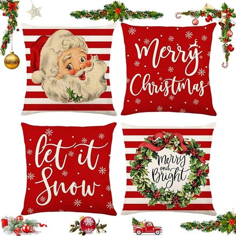 Housses de coussin rouges de Noël 45 x 45 cm, lot de 4, décorations de Noël, housses de coussin décoratives en lin avec Père Noël et couronne de Noël, motif hivernal et joyeux Noël, pour canapé.