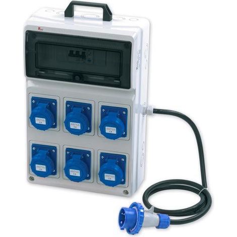 Quadro ASC portatile, 3KW 230V, IP65, 6 prese 2P+T 16A, spina 2P+T 16A, con magnetotermico differenziale e pulsante di emergenza - Rosi 2284