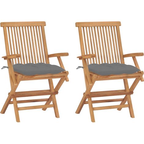 Lot de 2 Chaises de jardin avec coussins gris Fauteuil de Jardin Chaise d'extérieur Bois de teck massif 88683 (1/5)