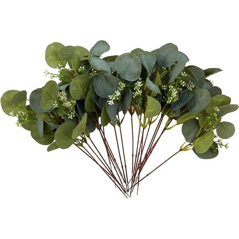 Lot de 20 fleurs artificielles en soie et plastique (eucalyptus) : feuilles, tiges et branches. Idéal pour bouquets, couronnes et compositions florales. Décoration pour la maison, la table, le jardin (1/5)