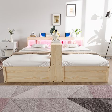 Canapé-lit 90/180 × 200 cm, équipé d'une prise européenne et de plusieurs compartiments de rangement, avec éclairage LED, mécanisme de lit hydraulique, lit double multifonctionnel en bois, coloris boi (1/4)