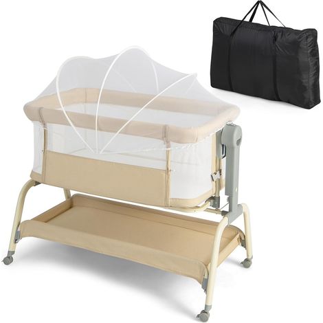 GOPLUS Berceau pour Bébé avec Inclinaison & 6 Hauteurs Réglables, Berceau de Chevet avec Matelas Confortable & Moustiquaire, Lit de Chevet avec Étagère de Rangement, pour Nourrissons 0-6 Mois (Beige) (1/5)