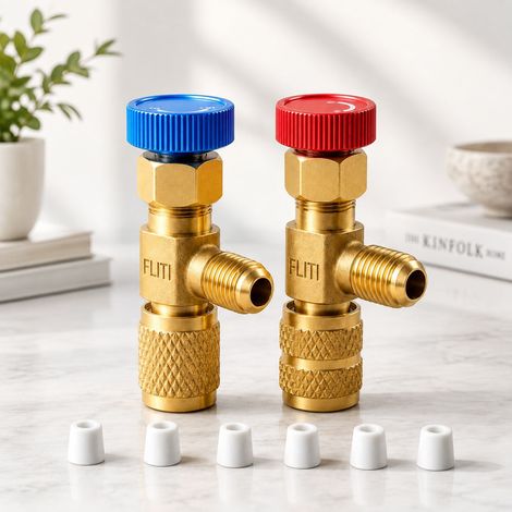 Soupape de Sécurité Réfrigérant R410A/R22 1/4" Laiton Résistant Kit de 2 Vannes Anti-Fuite pour Climatiseur (1/5)