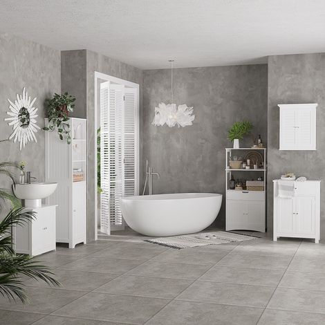 Meuble sous-vasque blanc avec 2 portes et étagère, meuble de rangement pour lavabo sur pied (1/5)