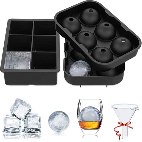 Lot de 2 Bac a Glacon Silicone, Grand Glacons Moule & Moule à Glaçons Rond avec Entonnoir, Sans BPA, Faciles à Retirer Bac Glacon pour Whisky, Cocktails, Aliments Pour Bébé, Fruits (1/4)