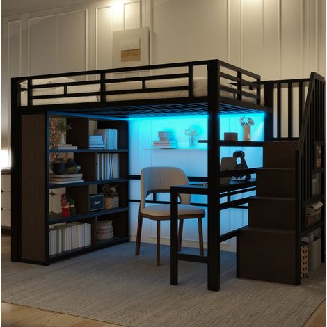 Lit mezzanine 140x200 cm en métal noir avec bureau, rangements et LED, gain de place (1/5)