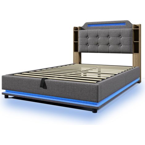 Cama canapé capitoné 140 x 200 cm en lino gris con LED, USB Type-C y almacenaje hidráulico (1/5)