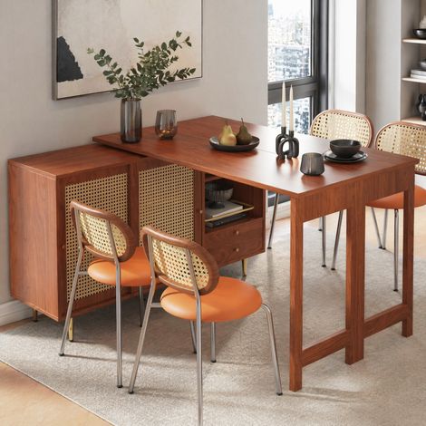 Mesa alta de MDF marrón 107 x 40 cm, giratoria 360° y extensible, con almacenaje (1/5)