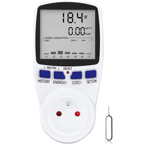 Wattmètre, Prise Compteur d'Énergie Numérique, Mesure Consommation Electrique, Prise Consommation d'Énergie avec 7 Mode et Lécran LCD, Prise Wattmetre, 16A Protection de Surcharge (1/5)