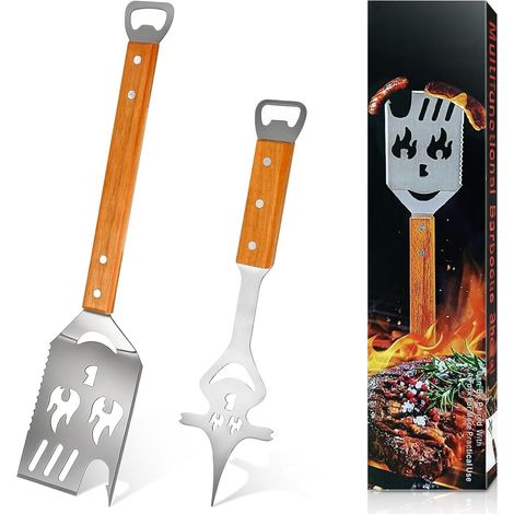 Spatule Barbecue - 2 Pièces - Acier Inoxydable Et Bois - Set 8 En 1 Multifonction - Pour Extérieur Et Camping - 41,7 Cm (1/5)