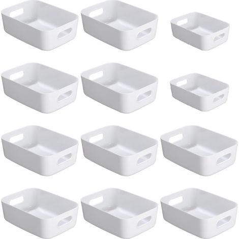 Panier de rangement en plastique,Lot de 12 paniers de rangement empilables avec poignées pour Cuisine,Placard,Bureau (Blanc)