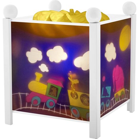 Le Train du Voyage - Veilleuse - Lanterne Magique - Lumière rassurante - Couleur Bois Blanc - Ampoule 12V 10W inclue - Prise Elec. UK