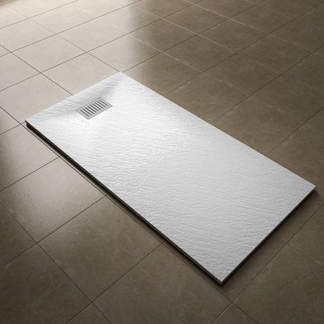 ELEGANT 1600x800mm Slip-Resistance Shower Tray White Slate Effect Square Shower Enclosure Base with Waste Trap and Stainless Steel Drain Cover B