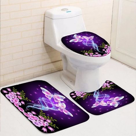 Ensemble de Salle de Bain - Luxe - 4 Pièces - Rideau de Douche 3D - Étanche - Papillons Violets