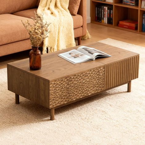 Quadratischer Couchtisch höhenverstellbar, Holz und Metallgestell,Nussbaum,Fischmotiv (1/5)