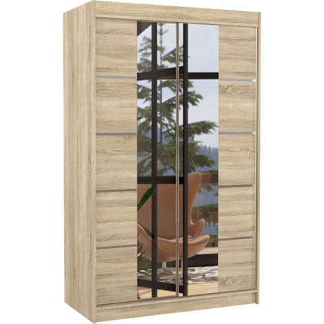 Petite armoire design de chambre à coucher 2 portes coulissantes naturel et miroir Kinzo 120cm (1/5)