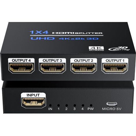 Splitter HDMI 1 Entrée 4 Sortie Répartiteur 4K 30Hz 1080P Switch Hub Boîtier de Distribution Multiports Ecrans Miroir/Duplicata pour PS3/4 Fire Stick Blu-Ray HDTV (1/5)