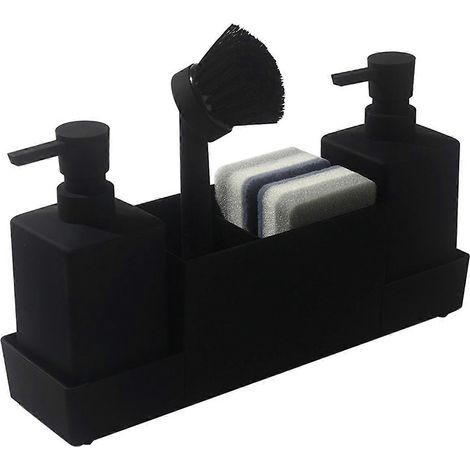Distributeur de savon de cuisine avec porte-éponge pour évier, distributeur de savon pour les mains et de liquide vaisselle avec brosse, noir mat (1/5)
