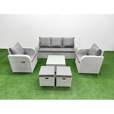 Fimous PE Rattan Garden Furniture Set Reclining Chair Sofa Lounge Sofa Set Square Coffee Table 2 Small Stools Light Grey (1/4)