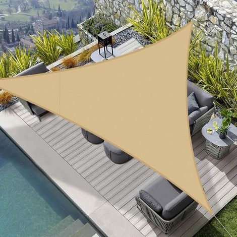Telo ombreggiante triangolare opaco 5x5x5m in PES - Tenda da sole - Protezione UV per esterni, giardino, patio, balcone - Colore sabbia (1/2)