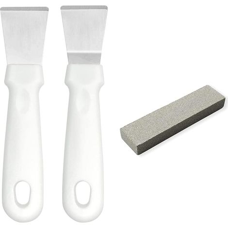Lot de 2 grattoirs pour four, plaque de cuisson, plaque à induction, acier inoxydable avec manche en plastique, version droite + version courbée, blanc (version droite + version courbée) (1/5)
