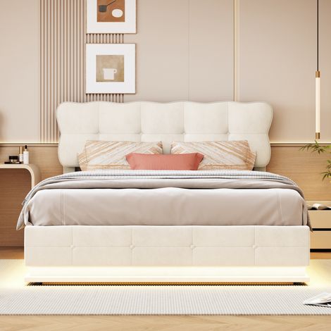 Polsterbett 140 x 190 cm mit Bettkasten, LED und Lattenrost – modernes Wellen-Design – Samt – Beige