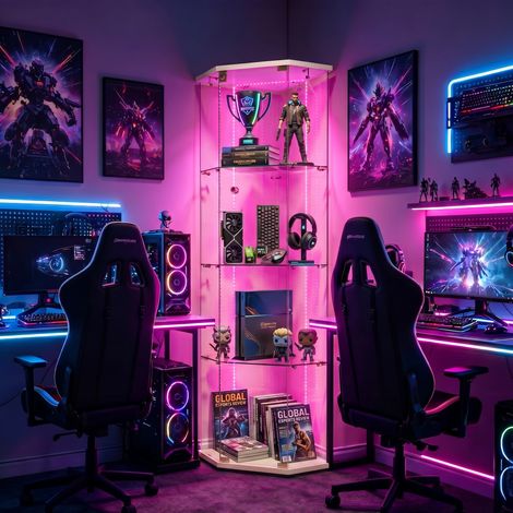 Vitrine d'angle en verre LED - 4 étagères en verre trempé - Vitrine pentagonale autoportante - meuble de rangement anti - poussière avec éclairage RGB - blanc (1/5)