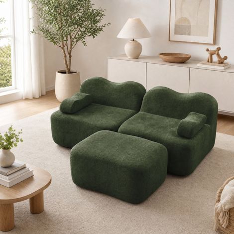Sofá rinconero modular de 2 plazas en terciopelo verde con otomana, sin montaje, 192 cm (1/5)