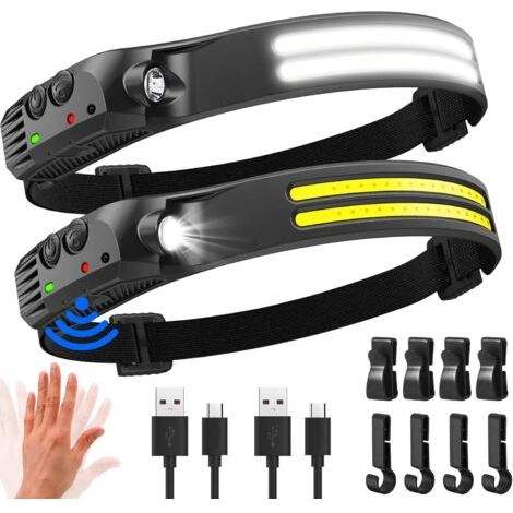 2 Pièces Lampe Frontale LED Ultra Puissante,2000 Lumens Éclairage 230° Torche Frontale Rechargeable USB Capteur De Mouvement,Étanche IPX5,Pour Pêche,Camping,Cyclisme,Running (1/5)