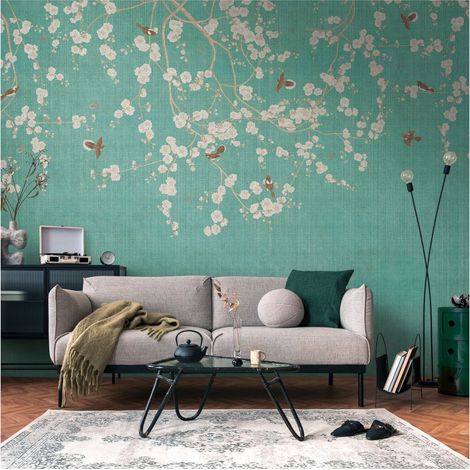 Sfondo fotografico Profhome 399211 Carta da parati TNT goffrata a caldo liscia con motivo floreale opaca blu bianco-crema beige grigio 3,71 m x 2,8 m (1/4)