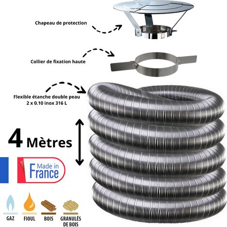 Edilinox – Kit complet de fumisterie tubage flexible double peau inox 80mm – Longueur 4 mètres – Collier de fixation et chapeau inclus