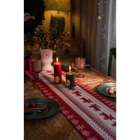 Chemin de table Noël Déco Nappe de table Noël, nappe de table de Noël imprimée avec un élégant motif d’élan et de fleur de neige pour la décoration de table de Noël, décoration de vacances (1/5)