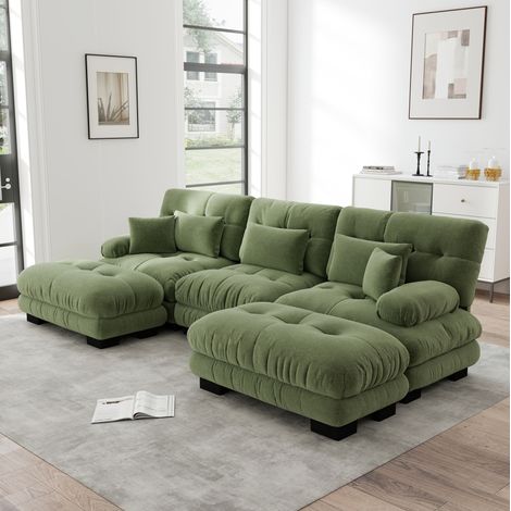 Canapé modulable en U vert en chenille avec ottomans mobiles et assise profonde (1/5)