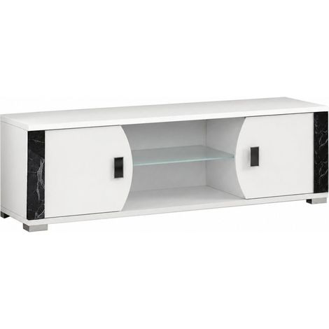Meuble TV 2 portes et 2 niches blanc et aspect marbre noir - TAHOE (1/4)