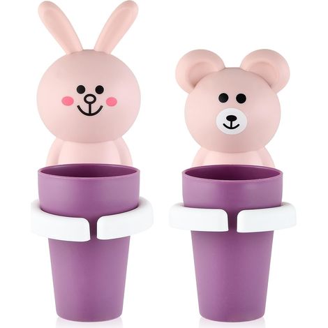 Lot de 2 Porte-Brosse à Dents Enfant sans Perçage, Gobelet Mural avec Support Adhésif Design Animal Mignon, Rangement de Salle de Bain Étanche et Gain de Place (Rose) (1/5)