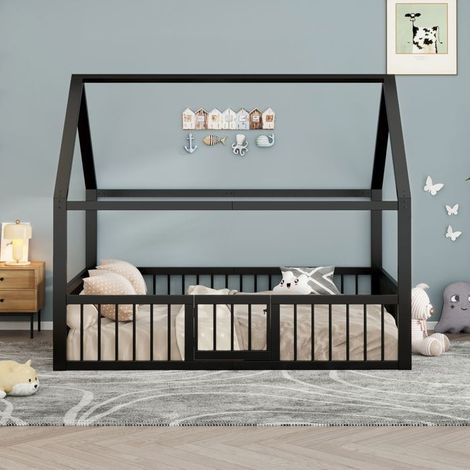 lit cabane enfant 140x200, garde-corps sécurité lit enfant, structure métal robuste, cadre forme maison, coloris noir (1/5)