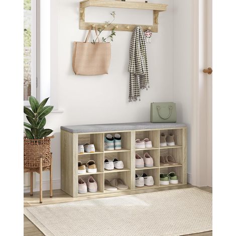 Banc à chaussures avec coussin – 12 compartiments – Rangement pour salon, couloir, chambre – Panneau de particules – Ivoire clair – 30 x 104 x 49 cm (1/5)