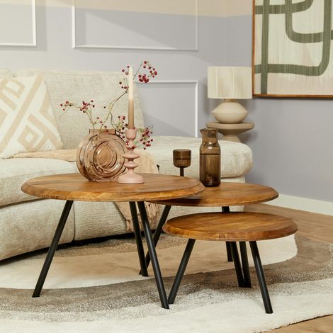 Table basse gigogne bois avec pieds métal noir (lot de 3) ALMA