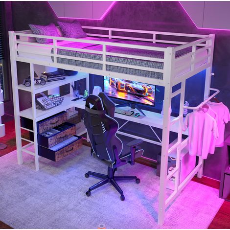 Letto a soppalco 90x200 cm bianco in metallo e MDF con scrivania, LED, cassetti e USB (1/5)