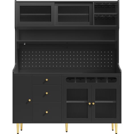 Credenza alta da cucina con LED, ripiani regolabili e portabottiglie 145x39x171 cm nera HOMVRA (1/5)