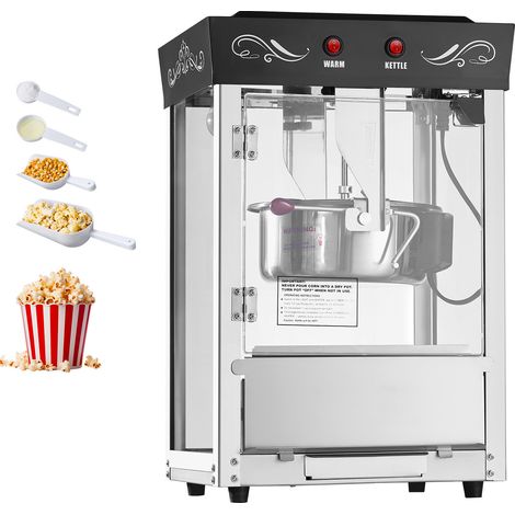 Mophorn Máquina de palomitas con hervidor de acero inoxidable, 800 W, capacidad para 48 tazas, paredes de vidrio, puerta de policarbonato, incluye cucharón y tres cucharas, color negro